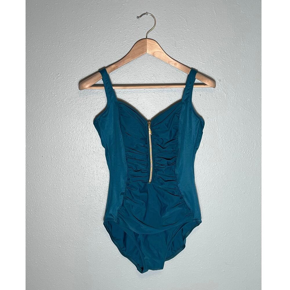 Miraclesuit So Riche One Piece Size 12 Ruched Gold Zipper Flattering Slimming